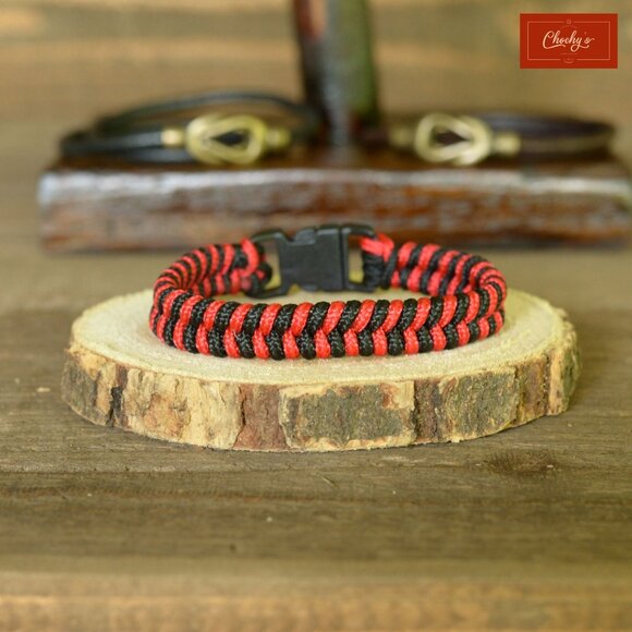 Paracord Survival Bracelet Side Release Buckle Black/Red L 7.5"(ID202-203) - Picture 2 of 2